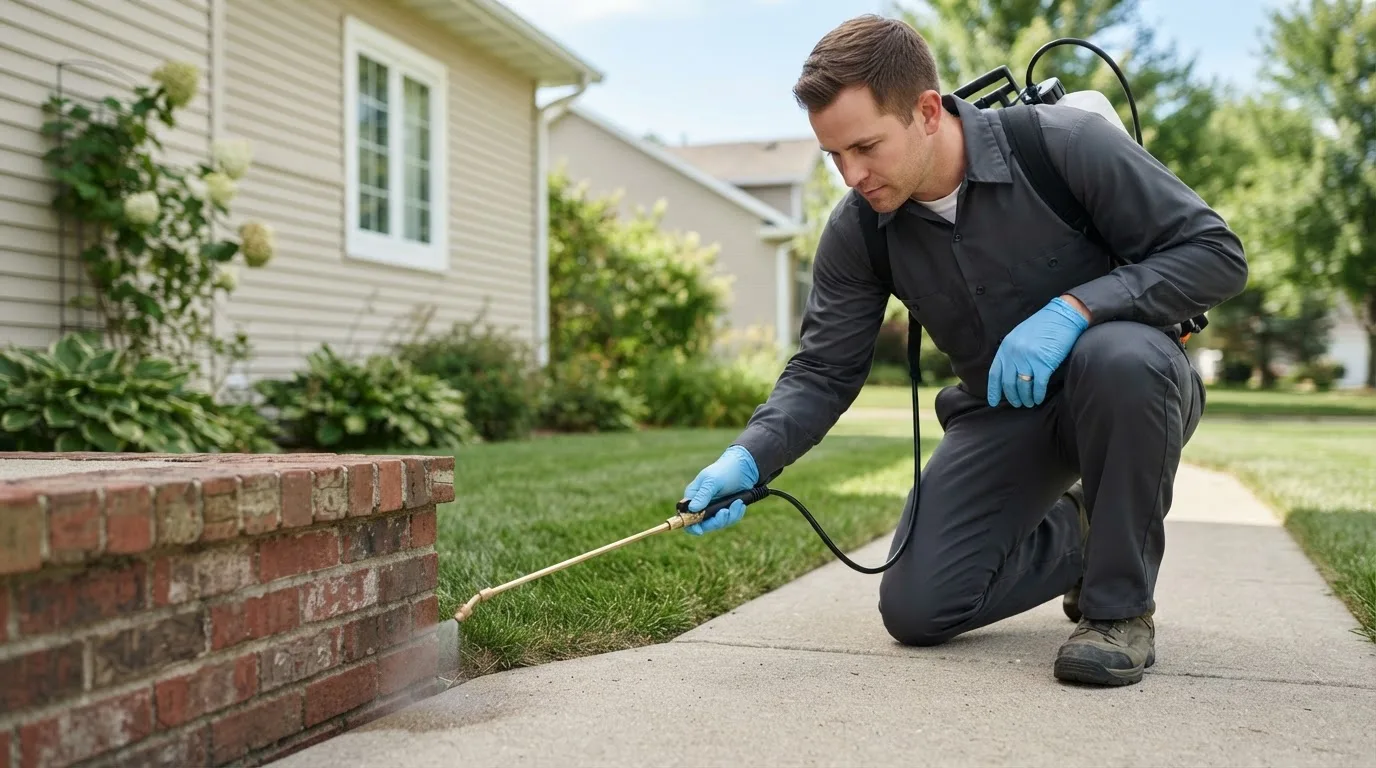 Pest control technician treating a home near North Truro, MA